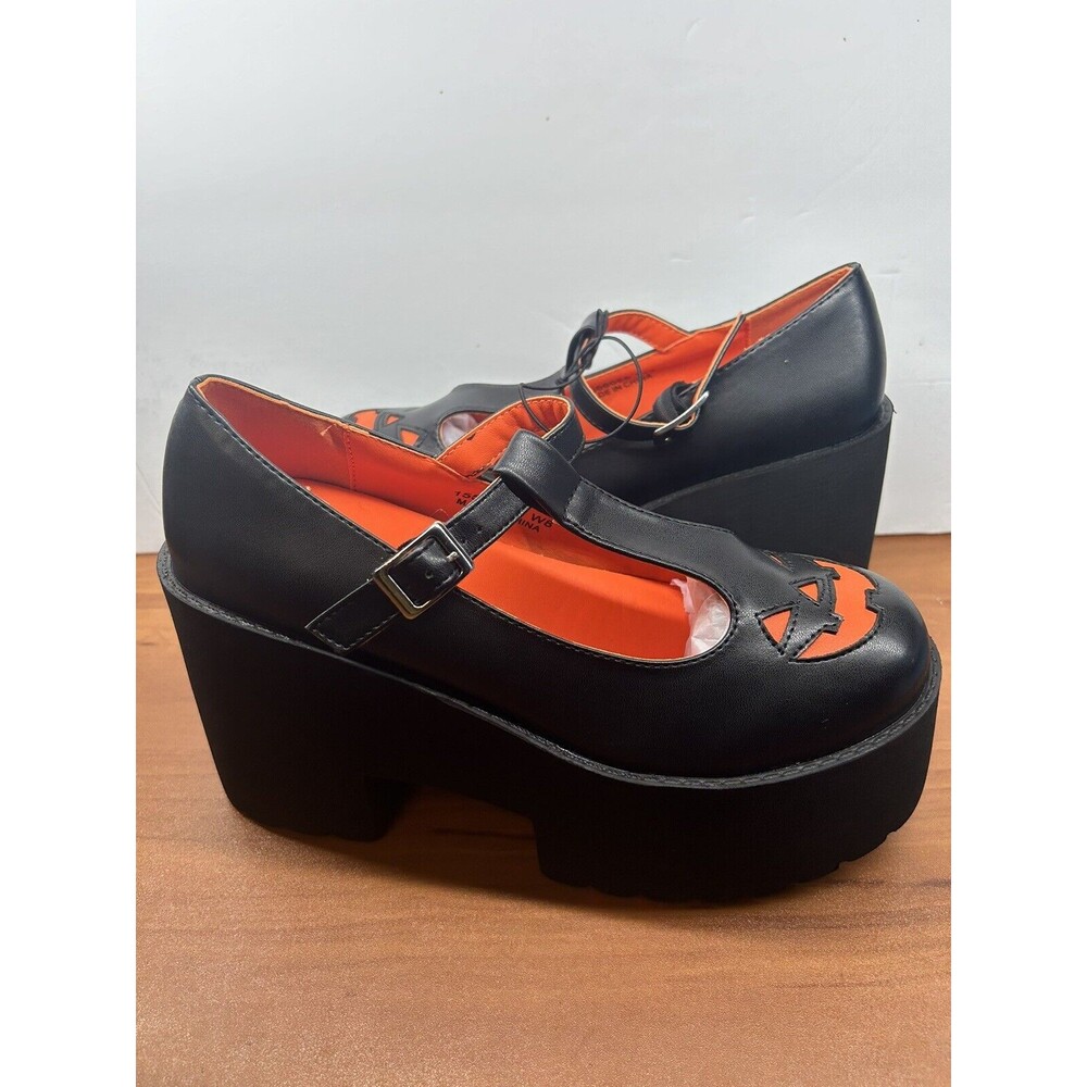 Pumpkin T-Strap Platform Mary Janes Shoes Size 8 Black New - Picture 2 of 12